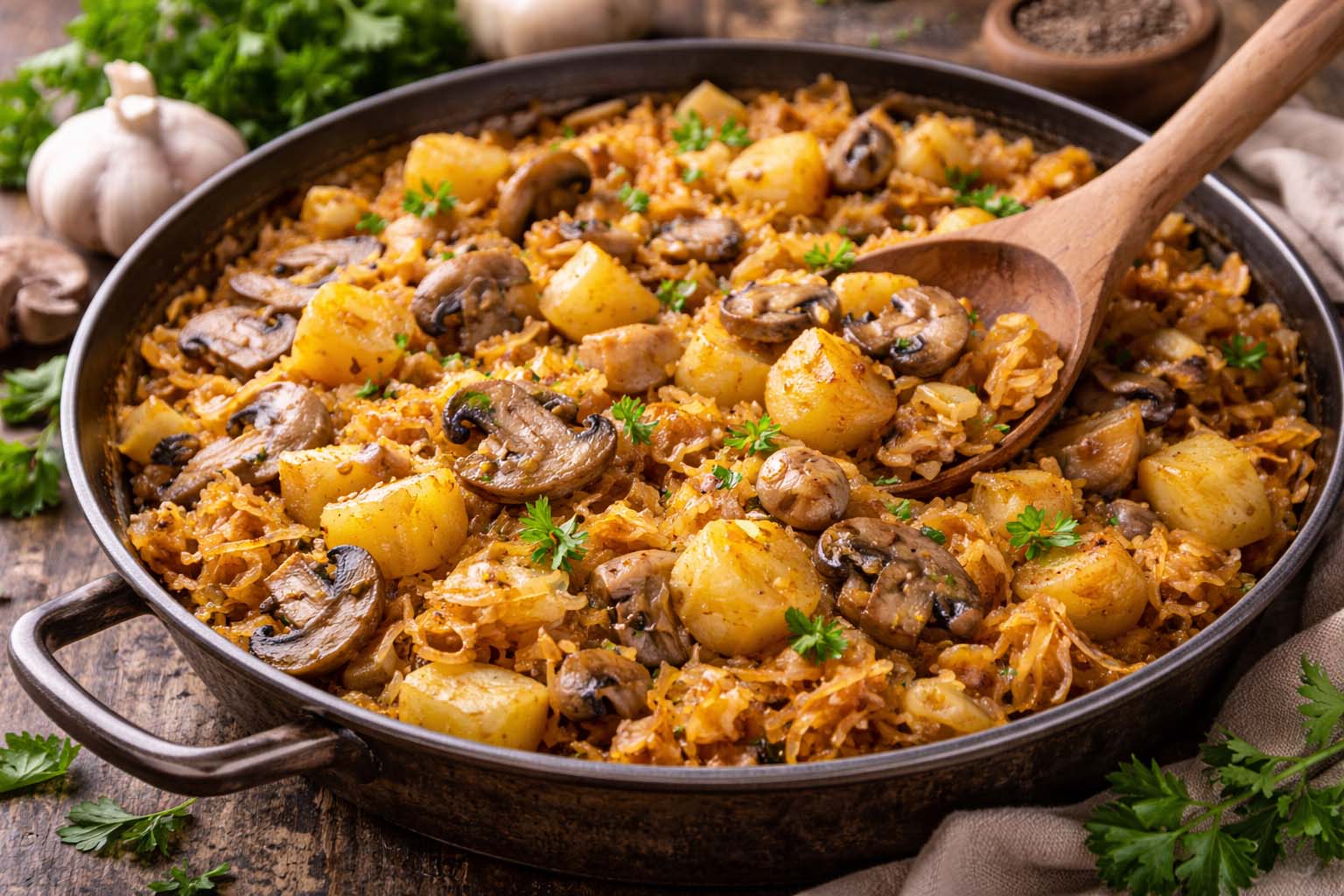 Тушеная капуста с грибами и картофелем