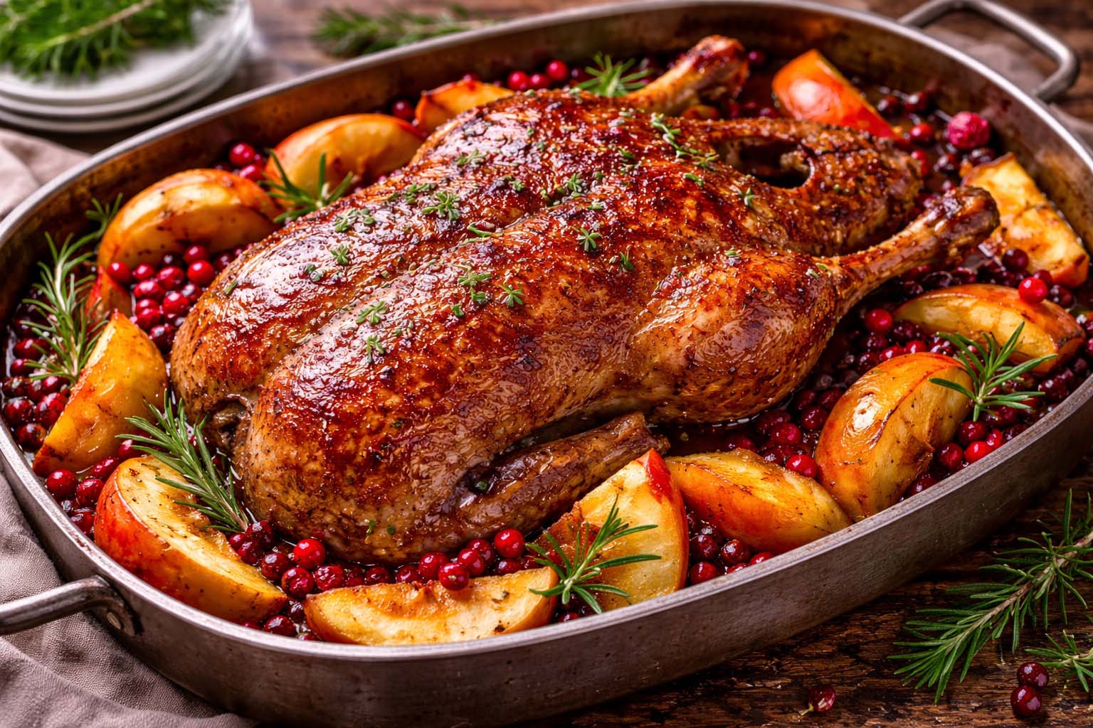 Запечённый утёнок с яблоками и брусникой