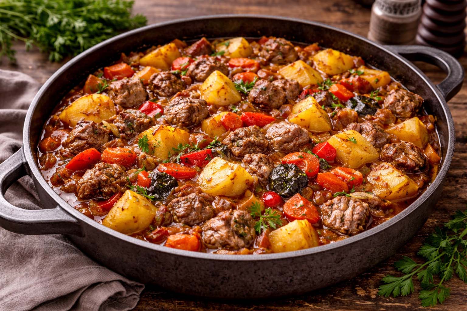 Тушеная картошка с мясом и овощами