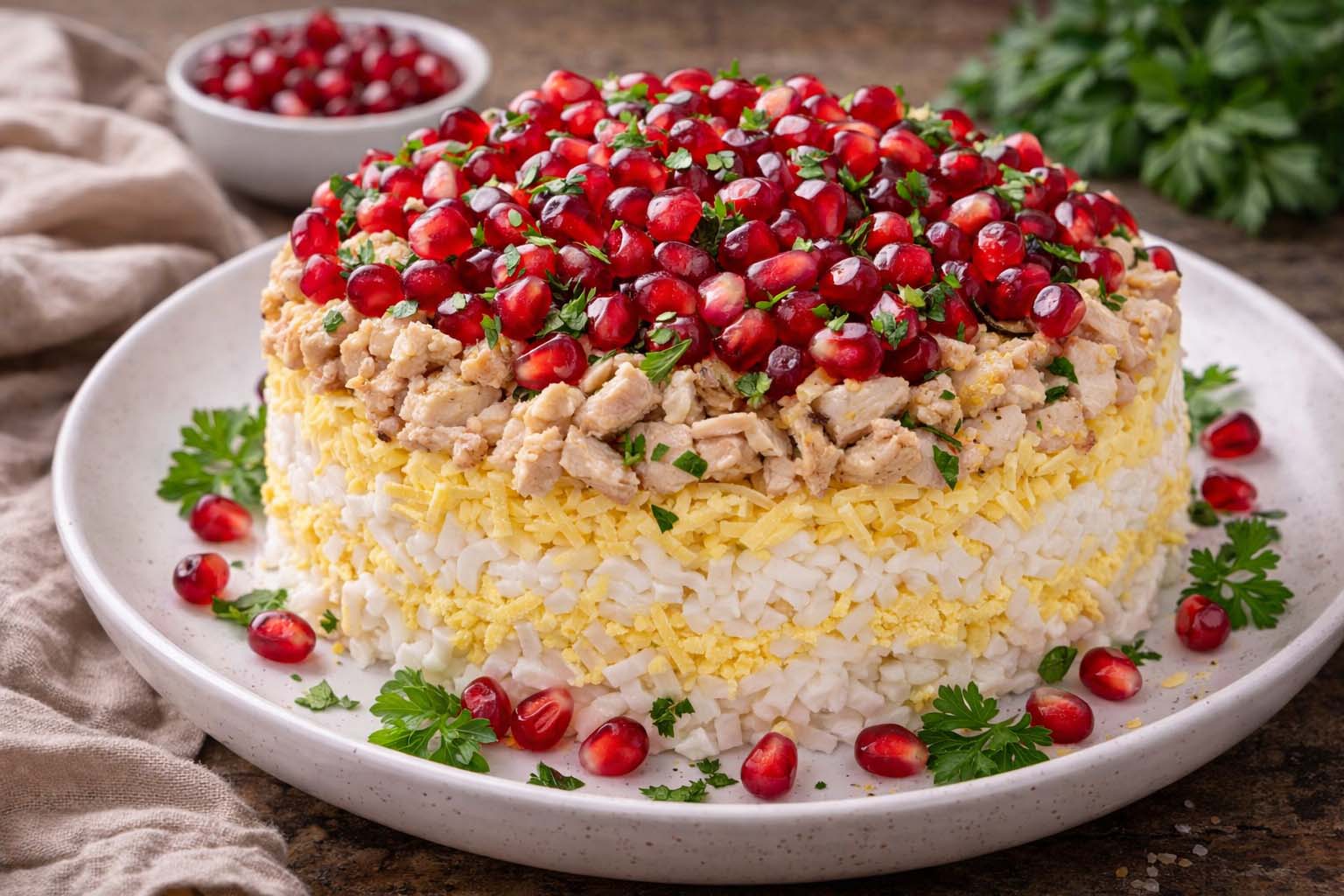 Праздничный салат «Зимняя сказка» с гранатом и курицей