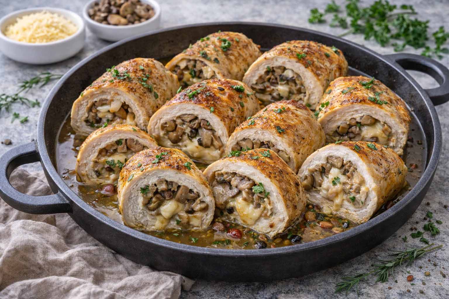 Золотистый куриный рулет с грибами и сыром