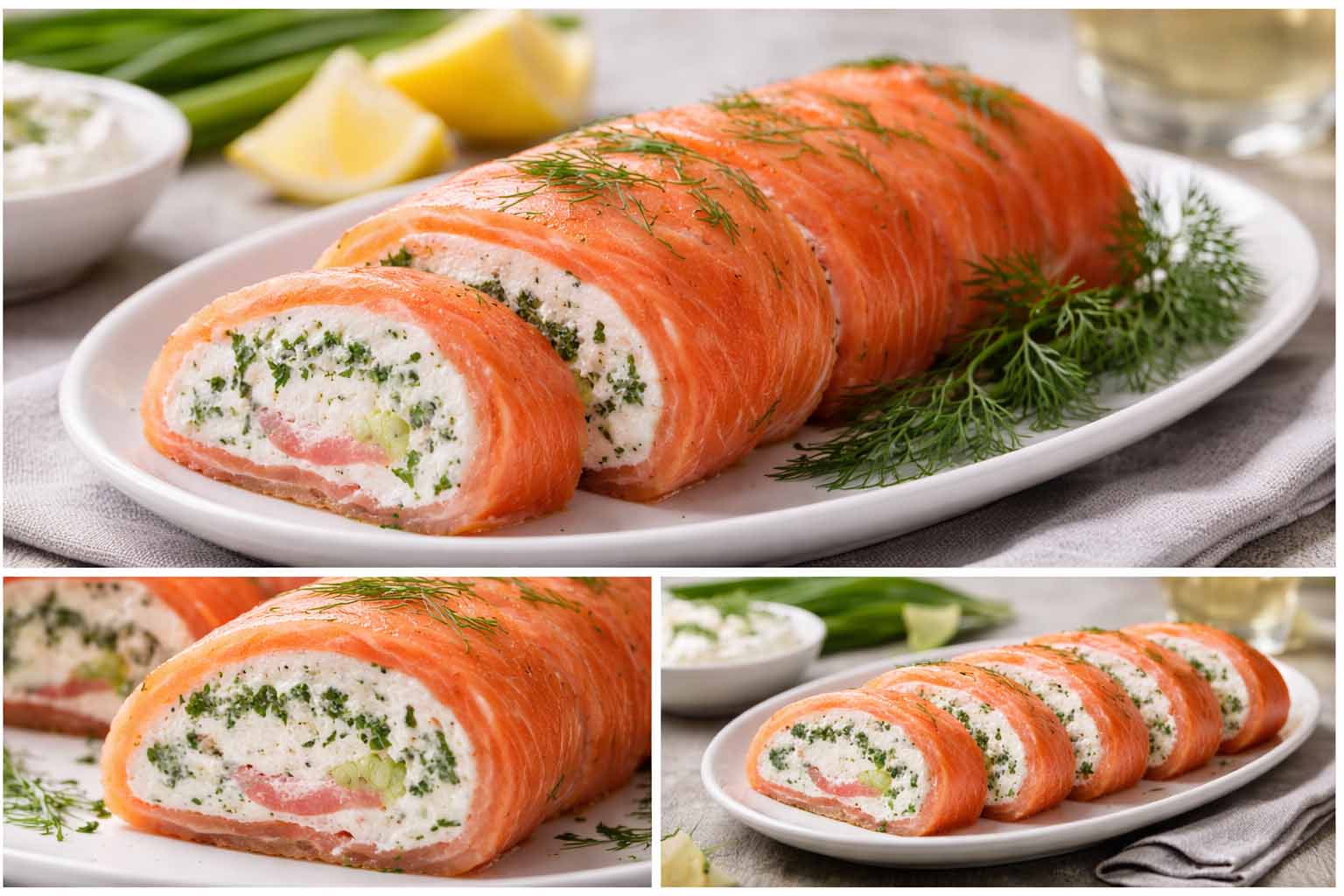 Праздничный рулет из лосося с творожным сыром и зеленью