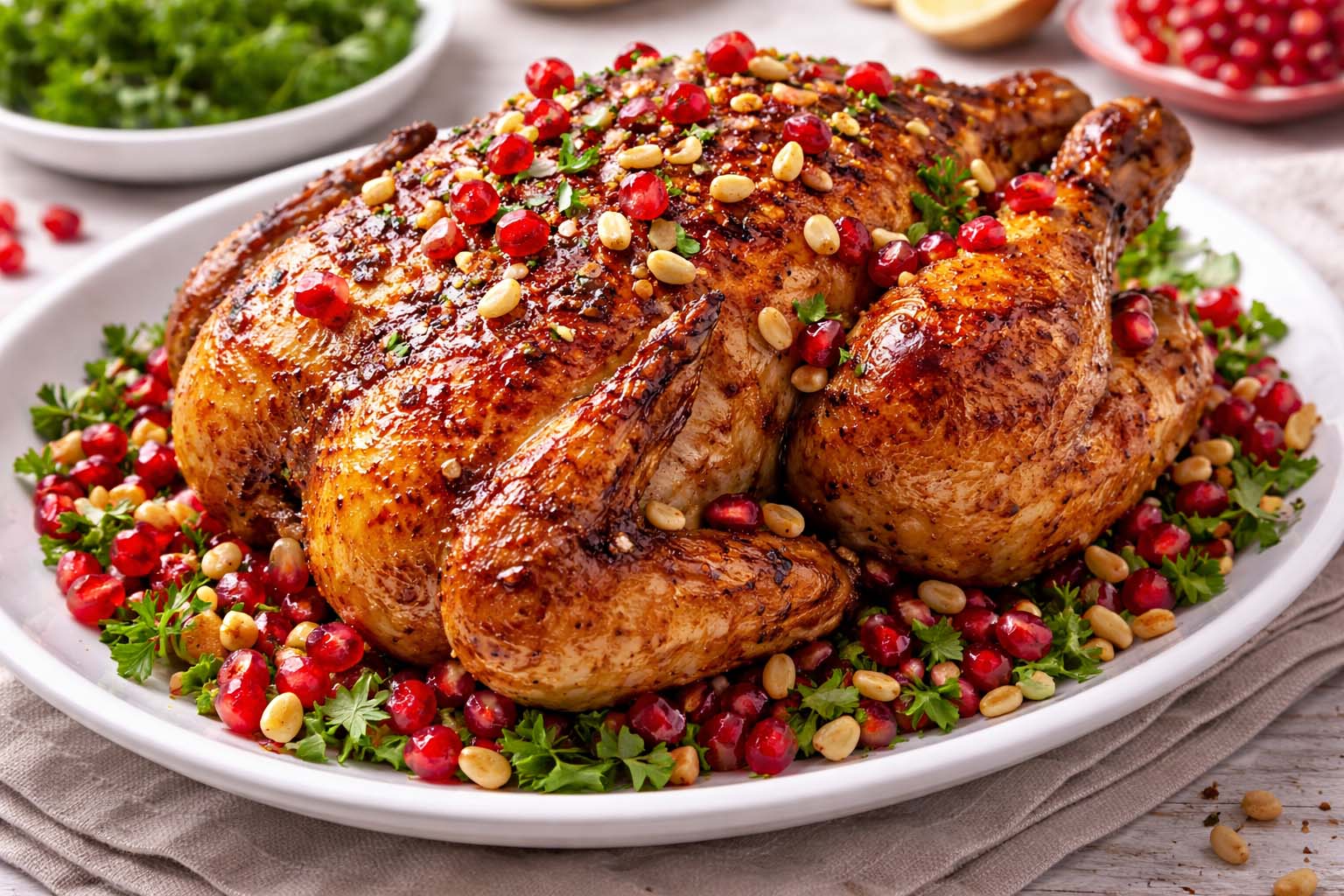 Праздничная запечённая курица с гранатом и кедровыми орешками