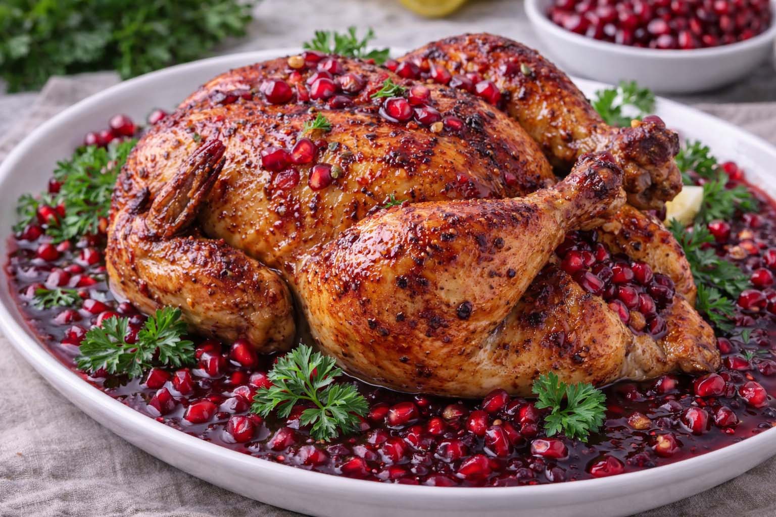 Запечённая курица с гранатовым соусом и ароматными травами
