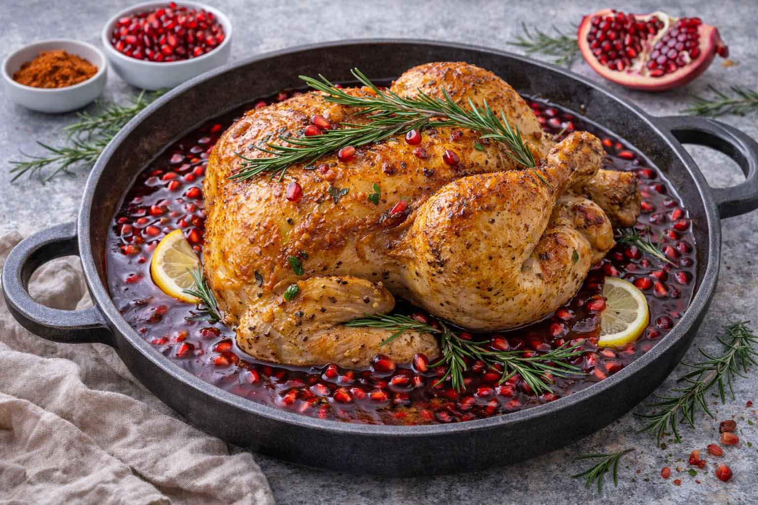 Золотистая курица с гранатовым соусом и розмарином