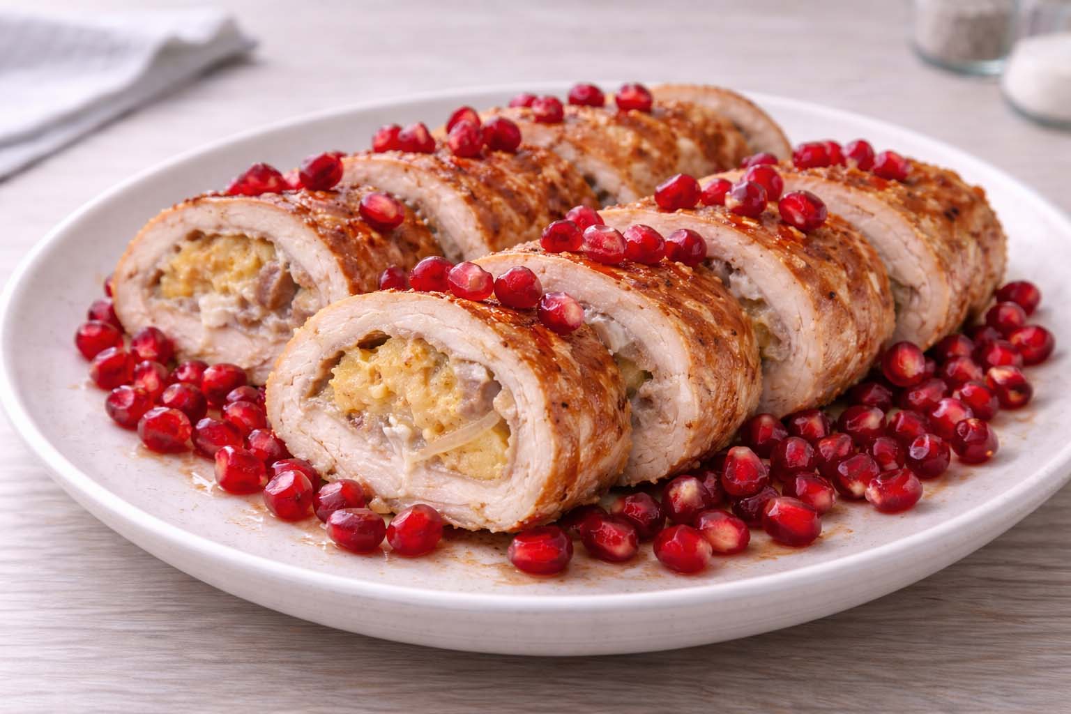 Золотистый куриный рулет с гранатовыми зернами