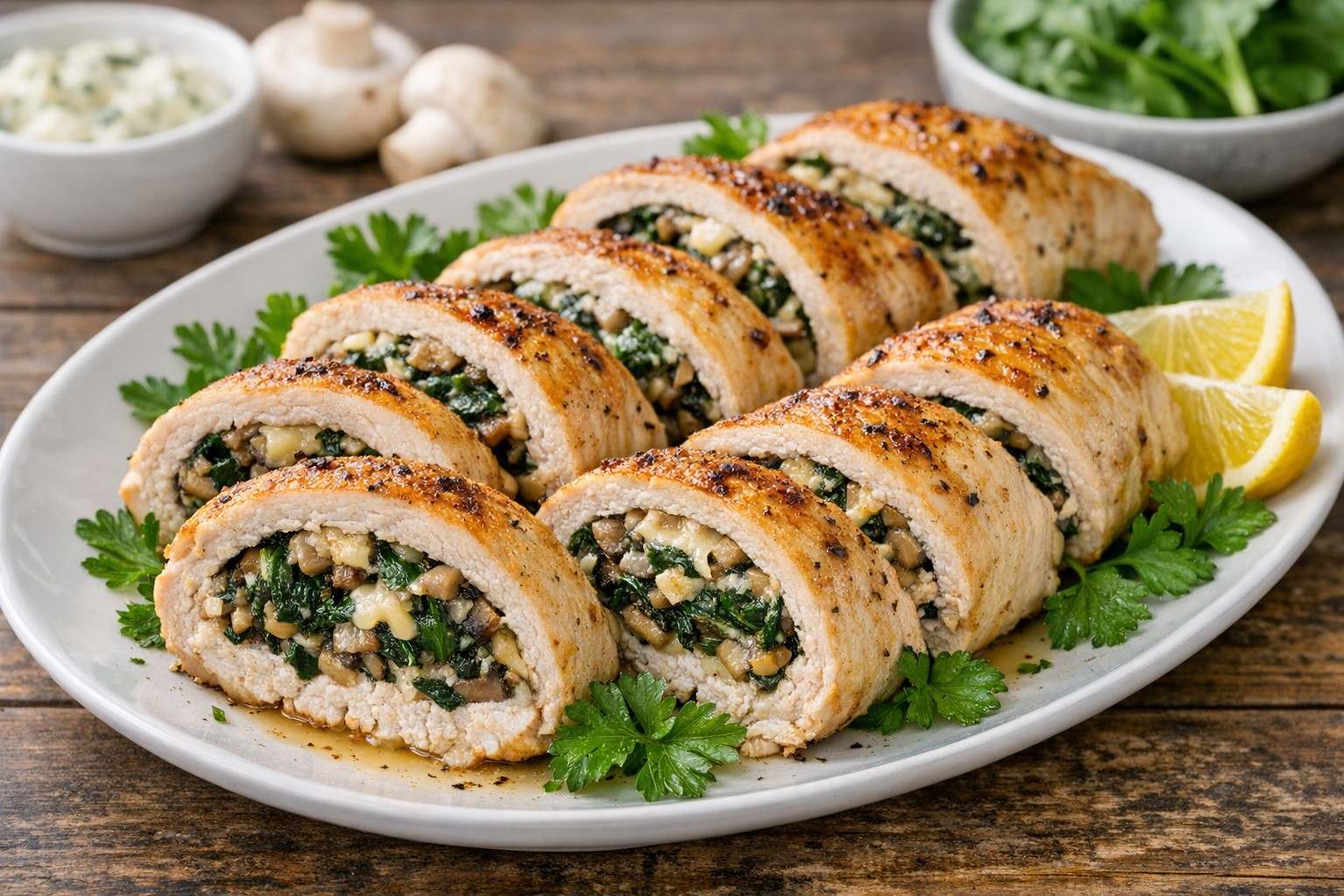 Праздничный рулет из курицы с грибами и шпинатом