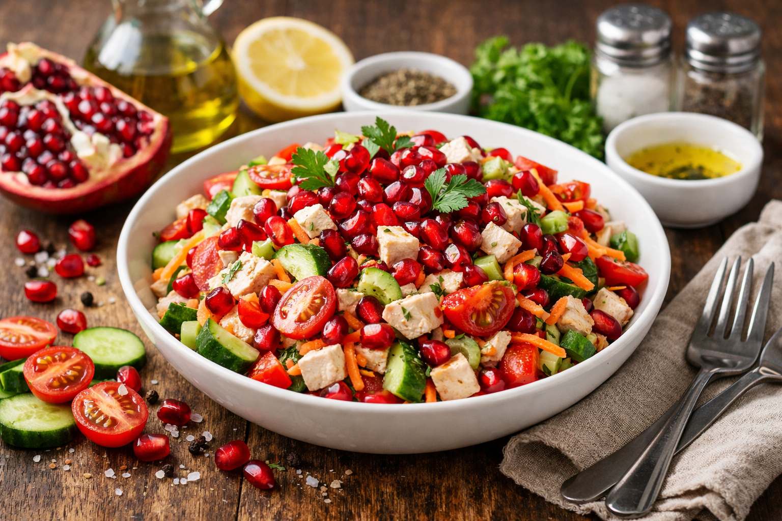 Праздничный салат «Витаминный микс» с гранатом и курицей