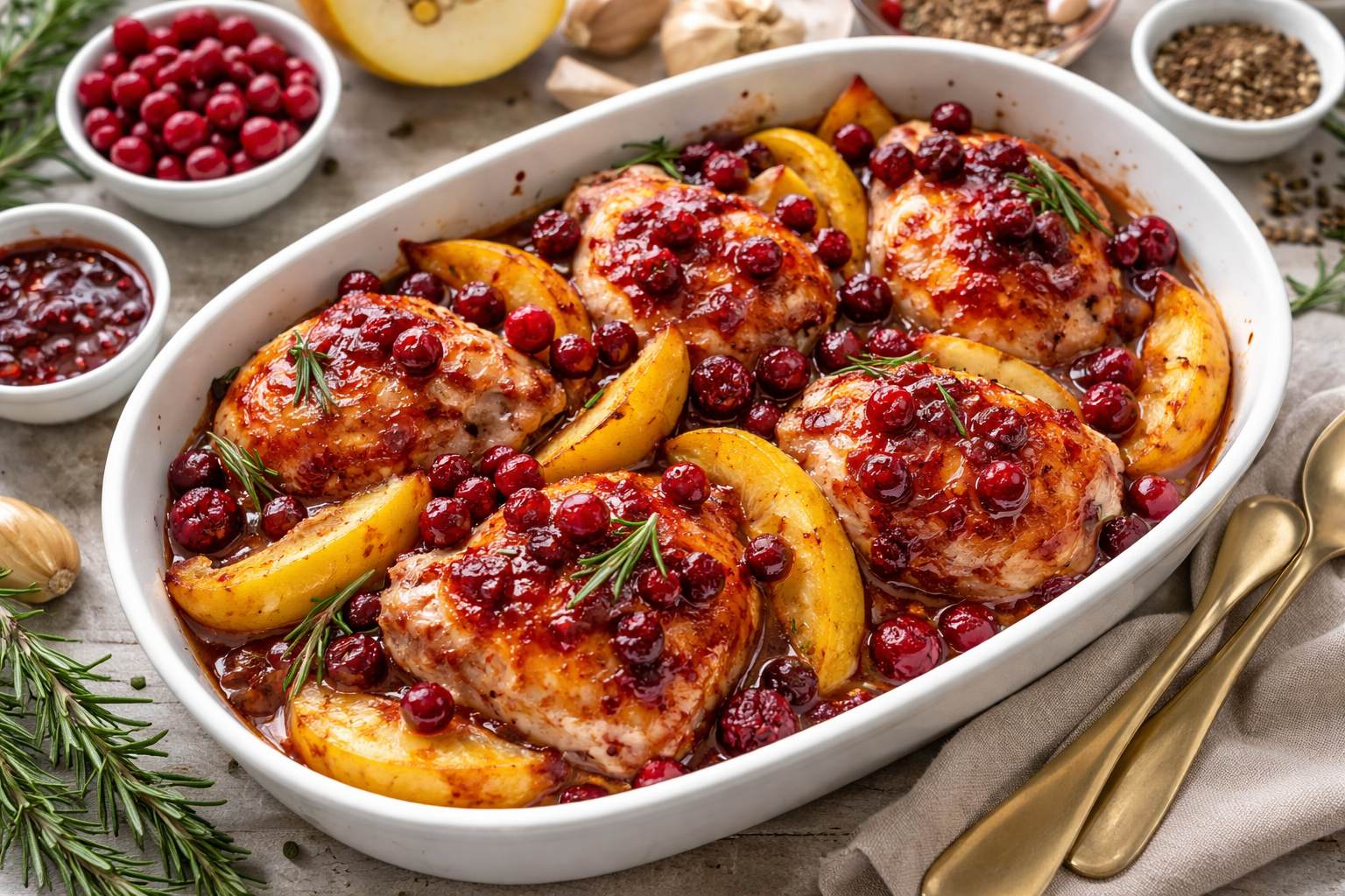 Запечённые куриные бёдра с айвой и клюквенным соусом